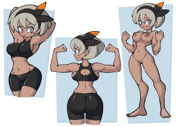 Rule 34 | 1girl, armpits, ass, barefoot, bea (pokemon), bike shorts, bra, breasts, completely nude, dark skin, feet, female focus, full body, grey eyes, grey hair, headband, highres, nintendo, nude, pokemon, pokemon swsh, shenanimation, short lady, shorts, silver hair, solo, spandex, sports bra, third-party edit, toes, underwear