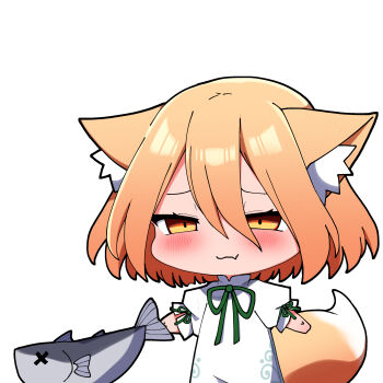 1girl absurdres animal_ear_fluff animal_ears blonde_hair blush closed_eyes commentary_request fox_ears fox_tail hair_between_eyes highres kudamaki_tsukasa open_mouth romper short_hair smile solo tail touhou white_romper yellow_eyes you_(noanoamoemoe)