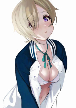 blonde_hair blue_jacket blush bra breasts cleavage collarbone hair_over_one_eye heart heart-shaped_pupils highres jacket letterman_jacket long_sleeves looking_at_viewer love_live! love_live!_nijigasaki_high_school_idol_club medium_breasts mia_taylor multicolored_jacket navel nijigasaki_school_uniform open_clothes open_jacket open_mouth pisagi purple_eyes school_uniform short_hair sidelocks simple_background symbol-shaped_pupils two-tone_jacket underwear upper_body white_background white_bra white_jacket