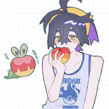 1boy apple applin black_hair commentary crossed_bangs eating food fruit gen_8_pokemon grid_background hair_between_eyes hairband holding holding_food holding_fruit kieran_(pokemon) looking_at_viewer male_focus multicolored_hair nintendo open_mouth poke_ball_print pokemon pokemon_(creature) pokemon_sv purple_hair solo suzuki_555 tank_top translation_request upper_body white_tank_top yellow_eyes yellow_hairband