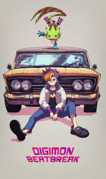 1boy absurdres black_shirt blonde_hair blue_hair blue_pants car digimon digimon_beatbreak gecko gekkomon glasses grey_background handstand highres jacket kubota_keita motor_vehicle multicolored_hair one_arm_handstand pants round_eyewear shirt short_hair simple_background sitting tenma_tomoro two-tone_hair white_jacket