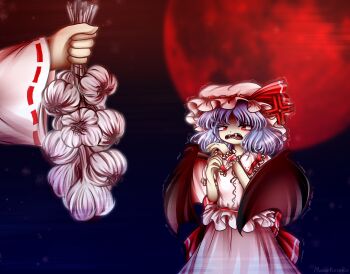 Rule 34 | 2girls, absurdres, anger vein, bat wings, blue hair, commentary, dress, embodiment of scarlet devil, english commentary, fangs, food, furrowed brow, garlic, hakurei reimu, hat, hat ribbon, highres, holding, holding food, looking at another, marina killer red, mob cap, moon, multiple girls, pink hat, puffy short sleeves, puffy sleeves, red eyes, red moon, remilia scarlet, ribbon, ribbon-trimmed sleeves, ribbon trim, scowl, shaded face, short hair, short sleeves, signature, touhou, trembling, wings, wrist cuffs