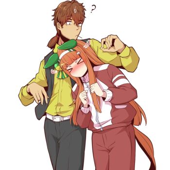 1boy 1girl animal_ears blunt_bangs blush bow brown_hair ear_bow ear_covers ear_flower hair_ornament hairband hime_cut horse_ears horse_girl horse_tail long_hair long_sleeves orange_hair orange_tail ponytail school_uniform shirt short_hair short_ponytail silence_suzuka_(umamusume) tail team_spica&#039;s_trainer tracen_school_uniform tracen_training_uniform trainer_(umamusume) umamusume vest white_hairband yellow_shirt yonedatomo_mizu