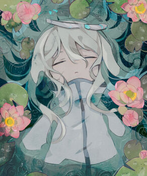 1girl broken_halo closed_eyes floating_on_back flower hair_between_eyes halo highres long_sleeves lotus original partially_submerged pink_flower soresaki water