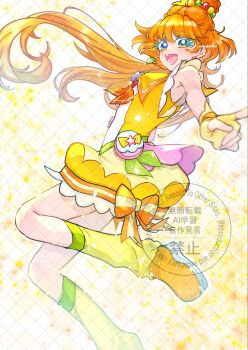 1girl :d blue_eyes blush boots choker colored_eyelashes commentary cure_papaya dress earrings fingerless_gloves gloves highres ichinose_minori index_finger_raised jewelry long_hair looking_at_viewer magical_girl multicolored_hair_bobbles open_mouth orange_boots orange_hair orange_sailor_collar precure sailor_collar seashell shell sleeveless smile solo thick_eyelashes tropical-rouge!_precure ulsrnj1 yellow_background yellow_choker yellow_dress yellow_gloves