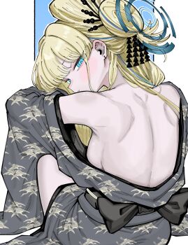 Rule 34 | 1girl, absurdres, backboob, bare back, blonde hair, blue archive, blue eyes, blue halo, breasts, grey kimono, hair bun, halo, highres, japanese clothes, kani ka nanika, kimono, long hair, looking at viewer, looking back, small breasts, solo, toki (blue archive)