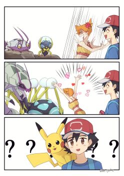 1boy 1girl araquanid ash_ketchum asymmetrical_hair badge bare_legs bare_shoulders be_syake bikini black_hair blush brown_eyes creature dewpider flower gen_1_pokemon gen_7_pokemon golisopod green_eyes gym_leader hair_flower hair_ornament heart highres holding holding_creature holding_pokemon legs looking_at_viewer midriff misty_(pokemon) navel nintendo orange_hair pikachu pokemon pokemon_(anime) pokemon_(creature) pokemon_sm102 pokemon_sm_(anime) ponytail shiny_skin short_hair side_ponytail solo swimsuit thighs wimpod yellow_bikini