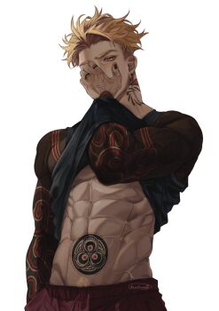 1boy abs arm_tattoo biceps black_nails blackout_tattoo blonde_hair blonde_pubic_hair clothes_lift covering_own_mouth earrings enjin_(gachiakuta) gachiakuta guilty_challenge_(meme) hand_in_clothes hand_in_pocket hand_over_own_mouth hand_under_clothes hand_under_shirt highres jewelry looking_at_viewer male_focus meme naocturnall pubic_hair pubic_hair_peek shirt shirt_lift signature simple_background solo stomach stomach_tattoo tank_top tattoo toned toned_male white_background