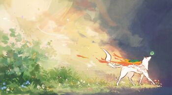 amaterasu_(ookami) brush_stroke chiaroscuro dappled_sunlight field fire floral_background flower flower_field full-body_cast grass highres issun markings nature on_grass ookami_(game) outdoors reflector_(ookami) scenery sunlight toonoot white_wolf wolf