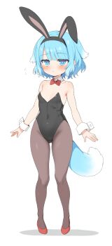 1girl animal_ear_hairband animal_ears bare_shoulders black_hairband black_leotard blue_eyes blue_hair blue_tail blunt_bangs blush bow bowtie breasts brown_pantyhose commentary_request detached_collar fake_animal_ears flying_sweatdrops full_body gluteal_fold hairband high_heels highres jitome leotard original pantyhose pigeon-toed rabbit_ears ransusan red_bow red_bowtie red_shoes shoes short_hair simple_background small_breasts solo standing strapless strapless_leotard symbol-shaped_pupils tail traditional_bowtie white_background wrist_cuffs