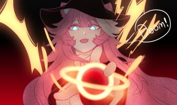 1girl animal_ears black_hole blue_eyes breasts hat highres hololive hololive_english large_breasts long_hair looking_at_viewer multicolored_hair panther_ears panther_girl pink_hair raora_panthera solo streaked_hair virtual_youtuber witch_hat yibai002