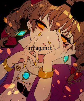 1girl bangle belt black_background black_belt blue_gemstone bow bracelet brown_hair coat commentary_request dress drill_hair dutch_angle eyewear_on_head fingernails gem hair_bow implied_sex jewelry long_hair necklace one-hour_drawing_challenge open_clothes open_coat open_mouth orange_eyes purple_coat red_bow round_eyewear shinjitsu_no_kuchi simple_background solo sunglasses touhou twin_drills upper_body white_dress yellow_nails yorigami_jo&#039;on