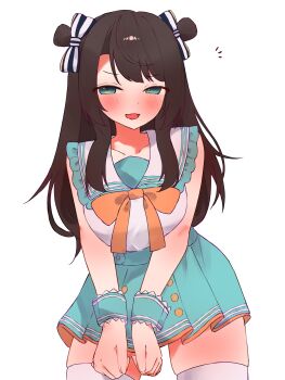 1girl absurdres blue_eyes blue_skirt blush brown_hair commentary_request highres hololive long_hair oozora_subaru oozora_subaru_(9th_costume) sailor_collar shirt sidelocks skirt smile solo tepenchi thighhighs virtual_youtuber white_background white_sailor_collar white_shirt white_thighhighs zettai_ryouiki