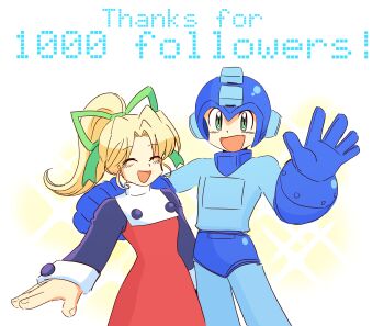 Rule 34 | 1boy, 1girl, absurdres, blonde hair, blue helmet, brother and sister, closed eyes, cowboy shot, dress, english text, green eyes, helmet, high ponytail, highres, long hair, mega man (character), mega man (classic), mega man (series), milestone celebration, ponytail, red dress, retro fighting robot, roll (mega man), siblings, thank you, white background
