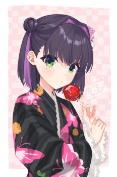 1girl black_hair blush candy_apple commentary_request food green_eyes hair_bun japanese_clothes kimono kobuichi limelight_lemonade_jam looking_at_viewer mole mole_under_eye multicolored_hair nabari_anju official_artist_extra purple_hair solo two-tone_hair