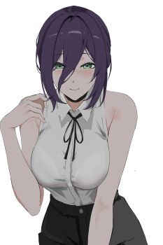 1girl absurdres black_choker black_ribbon black_shorts breasts chainsaw_man choker closed_mouth green_eyes hair_between_eyes highres large_breasts leaning_forward looking_at_viewer neck_ribbon purple_hair reze_(chainsaw_man) ribbon shirt shirt_tucked_in shorts simple_background sleeveless sleeveless_shirt smurtz solo white_background