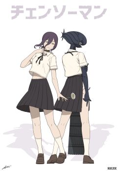 2girls absurdres apron black_apron black_choker black_gloves black_ribbon black_skirt bomb_devil_(chainsaw_man) chainsaw_man choker collared_shirt elbow_gloves flower gloves green_eyes grenade_pin hair_between_eyes highres holding holding_flower jpark looking_at_viewer medium_hair multiple_girls neck_ribbon object_head panties purple_hair reze_(chainsaw_man) ribbon school_uniform shirt short_sleeves side_slit skirt underwear white_flower white_panties white_shirt