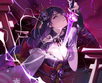 1girl blunt_bangs braid breasts cleavage daniel_deng electricity flower genshin_impact hair_flower hair_ornament half-closed_eyes holding holding_sword holding_weapon japanese_clothes kimono large_breasts long_hair low-braided_long_hair low-tied_long_hair mole mole_under_eye off_shoulder purple_background purple_eyes purple_hair purple_kimono raiden_shogun simple_background solo sword sword_between_breasts upper_body vision_(genshin_impact) weapon wide_sleeves