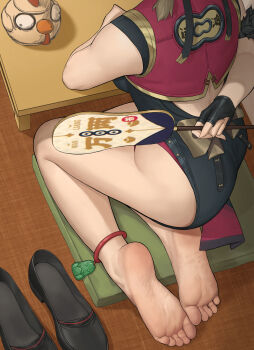 1girl absurdres anklet bare_legs barefoot black_shoes china_dress chinese_clothes dress faceless feet fingerless_gloves foot_focus gloves hand_fan head_out_of_frame highres holding holding_fan indoors jewelry no_shoes sa-baaa shoes single_fingerless_glove sitting soles sweety_(zenless_zone_zero) thighs toes tuanshan yokozuwari zenless_zone_zero