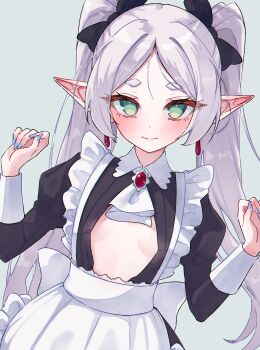 Rule 34 | 1girl, alternate costume, apron, black bow, black dress, blue nails, bow, breasts, brooch, commentary, dress, earrings, elf, english commentary, enmaided, frieren, green eyes, grey background, hair bow, highres, jewelry, juliet sleeves, long hair, long sleeves, looking at viewer, magui3, maid, nail polish, no bra, open clothes, parted bangs, pointy ears, puffy sleeves, simple background, small breasts, solo, sousou no frieren, thick eyebrows, twintails, unbuttoned dress, white apron, white hair