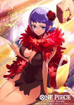 1girl black_dress blue_eyes breasts carina_(one_piece) cleavage commentary_request copyright_name cup dress earrings eyelashes feather_boa gild_tesoro hair_bun highres holding holding_cup jewelry large_breasts official_art one_piece one_piece_card_game out_of_frame plunging_neckline purple_hair ring ryuda short_bangs short_dress sidelocks sitting smile
