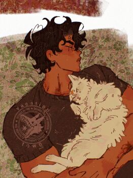 1boy absurdres animal animal_hug black_hair black_shirt cat closed_eyes cowboy_shot crossed_arms crossover facing_to_the_side highres holding holding_animal lying male_focus no_i'm_not_a_human omniscient_reader's_viewpoint on_back shirt short_hair t-shirt tan toned toned_male vacation_town white_cat yoo_joonghyuk