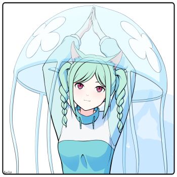 1girl animal_ears april_2d aqua_hair aqua_sweater arms_up artist_name blush border braid cat_ears closed_mouth colored_shadow highres jellyfish kemonomimi_mode long_hair long_sleeves looking_up love_live! love_live!_superstar!! onitsuka_tomari own_hands_together rounded_corners shadow sidelocks simple_background smile solo sweater twin_braids twintails upper_body white_background white_border