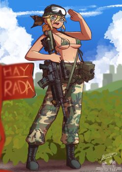 Rule 34 | 1girl, :d, assault rifle, bandana, bikini, bikini top only, blonde hair, blue sky, boots, breasts, camouflage, camouflage bikini, camouflage pants, cloud, cloudy sky, full body, goggles, goggles on head, green eyes, gun, highres, large breasts, long hair, looking at viewer, m16, m16a4, nractual, open mouth, original, panama, pants, rifle, round eyewear, salute, sky, smile, solo, standing, swimsuit, tan, tanline, united states army, weapon