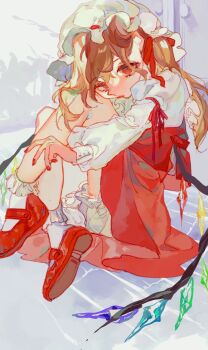 1girl blonde_hair closed_mouth commentary_request crystal_wings expressionless fingernails flandre_scarlet full_body hat highres hugging_own_legs juliet_sleeves long_hair long_sleeves looking_at_viewer mary_janes mob_cap multicolored_wings puffy_sleeves red_eyes red_nails red_shoes red_skirt red_vest shinjitsu_no_kuchi shoes sitting skirt skirt_set socks solo touhou vest white_hat white_socks wings