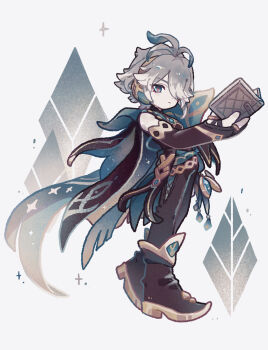 1boy alhaitham_(genshin_impact) antenna_hair bare_shoulders black_boots black_gloves black_pants black_shirt blue_eyes book boots chibi chibi_only closed_mouth commentary_request elbow_gloves fingerless_gloves full_body genshin_impact gloves grey_hair hair_over_one_eye harukui highres holding holding_book male_focus open_book pants shirt short_hair simple_background sleeveless sleeveless_shirt solo standing white_background