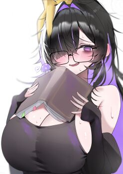 1girl @_@ absurdres banana_peel bare_shoulders black_sweater black_tank_top blush book breasts cleavage commentary_request glasses goddess_of_victory:_nikke hair_intakes highres holding holding_book huge_breasts label_(nikke) long_hair looking_at_viewer mopyo_(gvmmr) mushroom purple_eyes purple_hair simple_background solo sweater tank_top very_long_hair white_background