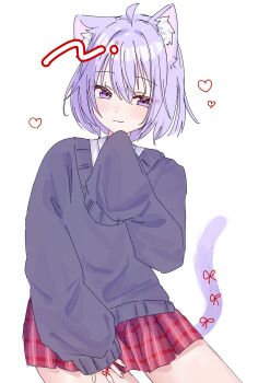 Rule 34 | 1girl, ahoge, alternate costume, animal ear fluff, animal ears, blush, cat ears, cat girl, cat tail, commentary, finger ribbon, heart, highres, hololive, hololive gamers, nekomata okayu, oversized clothes, pleated skirt, purple eyes, purple hair, purple sweater, purple tail, red skirt, ribbon, shirt, single sleeve past fingers, single sleeve past wrist, skirt, solo, sweater, symbol-only commentary, tail, tail ornament, tail ribbon, thighs, virtual youtuber, white background, white shirt