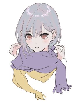 1girl bang_dream! bang_dream!_it's_mygo!!!!! bloom_into_me15 blush brown_eyes commentary_request grey_hair open_mouth purple_scarf scarf short_hair simple_background solo takamatsu_tomori white_background