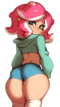 1girl ass blue_eyes blush crop_top doxy female_focus highres hood hoodie kneehighs long_sleeves looking_at_viewer looking_back nintendo octoling_player_character short_shorts shorts socks solo splatoon_(series) splatoon_2 tentacle_hair thick_thighs thighs white_background wide_hips