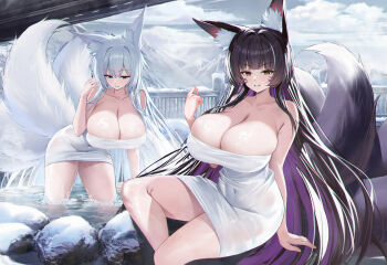 absurdres akipopopopoon animal_ear_fluff animal_ears azur_lane black_hair blue_eyes blush breasts colored_inner_hair commentary fox_ears fox_girl fox_tail grey_hair hair_between_eyes highres huge_breasts leaning_forward long_hair multicolored_hair multiple_tails musashi_(azur_lane) naked_towel parted_lips purple_hair shinano_(azur_lane) sidelocks sitting smile tail towel two-tone_hair very_long_hair yellow_eyes