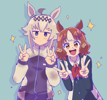 2girls ahoge animal_ears belno_light_(umamusume) blue_eyes bow breasts brown_hair closed_mouth double_v ear_ornament ear_ribbon eggtempest grey_hair hair_between_eyes hair_ornament hairband horse_ears horse_girl jacket kasamatsu_tracen_school_uniform kasamatsu_tracen_training_uniform letter_hair_ornament long_hair long_sleeves looking_at_viewer multicolored_hair multicolored_jacket multiple_girls oguri_cap_(umamusume) open_mouth pants school_uniform short_hair simple_background smile teeth track_jacket track_pants track_suit two-tone_hair two-tone_jacket umamusume umamusume:_cinderella_gray upper_body upper_teeth_only v white_hair