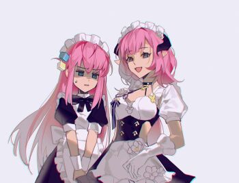 2girls absurdres apron black_bow black_bowtie black_dress blue_eyes bocchi_the_rock! bow bowtie clothing_cutout color_connection cube_hair_ornament dress elf elysia_(honkai_impact) elysia_(miss_pink)_(honkai_impact) elysia_(miss_pink_elf)_(honkai_impact) fake_horns gloves gotoh_hitori grey_background hair_color_connection hair_ornament highres honkai_(series) honkai_impact_3rd horns maid maid_apron maid_headdress multiple_girls official_alternate_costume pink_hair pointy_ears puffy_short_sleeves puffy_sleeves short_sleeves side_cutout situnainaisheng upper_body white_apron white_gloves