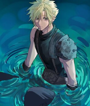 1boy armor bandaged_arm bandages belt blonde_hair blue_pants blue_shirt brown_belt cloud_strife earrings final_fantasy final_fantasy_vii final_fantasy_vii_rebirth final_fantasy_vii_remake hair_between_eyes half-closed_eyes highres jewelry male_focus pants partially_submerged pauldrons shirt short_hair shoulder_armor single_bare_shoulder single_earring single_pauldron sketch sleeveless sleeveless_turtleneck solo spiked_hair suisui_434 suspenders turtleneck