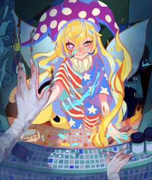 american_flag american_flag_legwear american_flag_print american_flag_shirt bandaged_arm bandages blonde_hair blood boxcutter clownpiece commentary_request dual_persona fairy fairy_wings flag_print hair_between_eyes hat highres long_hair mashi_(pixiv_zcjd2538) mirror pill pink_eyes pov print_shirt reflection shirt short_sleeves smile star-shaped_pupils star_(symbol) symbol-shaped_pupils torch touhou very_long_hair wings