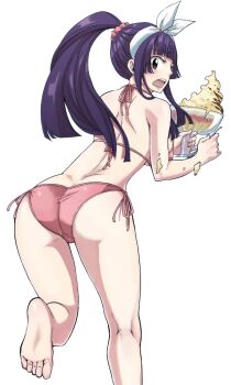 1girl ass back barefoot bikini blunt_bangs blush brown_eyes dropping fairy_tail feet female_focus food from_behind hair_ribbon holding ice_cream kagura_mikazuchi kneepits long_hair mashima_hiro official_art open_mouth pink_bikini ponytail purple_hair ribbon scrunchie side-tie_bikini_bottom soles solo spoon standing standing_on_one_leg string_bikini sundae swimsuit toes transparent_background white_ribbon