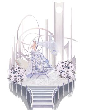 1girl absurdres ass back_tattoo backless_dress backless_outfit bare_back bare_shoulders between_buttocks breasts bridal_veil bride butt_crack dress flower from_side full_body heart heart_tattoo highres huge_breasts looking_at_viewer original red_eyes stairs stone_stairs tattoo tramp_stamp veil wedding_dress white_dress white_flower white_hair xllycyer