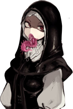 1girl absurdres black_bodice black_capelet black_hood capelet commentary_request elden_ring elden_ring_nightreign highres hood hood_up mouth_tentacles partially_shaded_face red_eyes solo sora_sakura tentacle_girl tentacle_tongue tentacles tongue tongue_out undertaker_(elden_ring) upper_body white_background white_coif