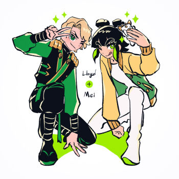 Rule 34 | 1boy, 1girl, ;), ;q, animification, belt, black hair, black pants, blonde hair, bright pupils, cellphone, character name, color connection, commentary request, company connection, double bun, french kiss, full body, green belt, green eyes, green streaks, green theme, haaa om007ls, hair bun, highres, holding, holding phone, jacket, kiss, korean commentary, lloyd garmadon, long sleeves, martial arts belt, mei dragon, monkie kid, multicolored hair, ninjago, on one knee, one eye closed, open clothes, open jacket, pants, phone, selfie, shirt, short hair, simple background, smartphone, smile, sparkle, streaked hair, the lego group, tongue, tongue out, v, white background, white pupils, white shirt, yellow jacket