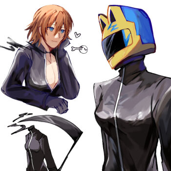 1girl animal_ear_helmet animal_ears_helmet animal_helmet biker_clothes bikesuit black_bodysuit black_gloves blue_eyes bodysuit breasts brown_hair cat_helmet celty_sturluson cleavage commentary cropped_torso dullahan durarara!! gloves headless heart helmet large_breasts long_sleeves motorcycle_helmet open_bodysuit open_clothes scythe short_hair spoilers upper_body white_background yellow_helmet yum00m