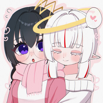 2girls alt_0218 black_hair blush closed_eyes commentary_request crown flying_sweatdrops glasses halo heart highres hug hug_from_behind kirby_(series) kirby_64 long_hair multiple_girls nintendo off-shoulder_sweater off_shoulder personification pink_scarf pointy_ears purple_eyes ripple_star_queen scarf signature smile sweater white_hair white_sweater zero_two_(kirby)