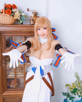 1girl asian blonde_hair blue_eyes breasts cleavage cosplay female_focus gloves highres japanese_(nationality) large_breasts long_hair looking_at_viewer model oosuki_mamako oosuki_mamako_(cosplay) photo_(medium) shibuya_kaho smile solo tsuujou_kougeki_ga_zentai_kougeki_de_ni-kai_kougeki_no_okaasan_wa_suki_desu_ka? white_gloves