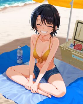 1girl alternate_costume armpit_crease barefoot beach beach_towel beach_umbrella bikini black_hair blue_shorts blush bottle brand_name_imitation breasts closed_eyes collarbone commentary_request cooler day feet food fruit highres hololive indian_style kanami_yuu legs medium_breasts medium_hair oozora_subaru outdoors pocari_sweat short_shorts shorts sitting smile solo swimsuit teeth toenails toes towel umbrella virtual_youtuber water_bottle watermelon watermelon_slice yellow_bikini