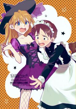 1boy 1girl :o alternate_costume apron artist_name black_background black_boots black_dress black_hat blue_eyes blush boots bow breasts brown_eyes brown_hair cleavage collarbone commentary constricted_pupils crossdressing crossdressing_(mtf) dress dress_bow embarrassed english_commentary enmaided falling fishnet_pantyhose fishnets frilled_apron frilled_hairband frills hairband halloween halloween_costume hand_up hat hat_ribbon highres ikari_shinji looking_at_another maid maid_headdress medium_breasts neon_genesis_evangelion open_mouth orange_background pantyhose polka_dot polka_dot_background puffy_short_sleeves puffy_sleeves purple_dress purple_ribbon ribbon see-through_clothes see-through_sleeves short_sleeves shouting signature souryuu_asuka_langley star_(symbol) twitter_username two_side_up v-shaped_eyebrows waist_apron wavy_mouth white_apron white_background white_hairband witch witch_hat yubi_kamii