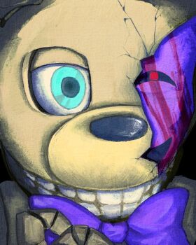 blood blood_on_face blue_eyes bow bowtie commentary cracked_kawaii_mask cracked_mask english_commentary five_nights_at_freddy&#039;s ganbaru_gyo male_focus purple_bow purple_bowtie red_eyes smile spring_bonnie_(fnaf) william_afton