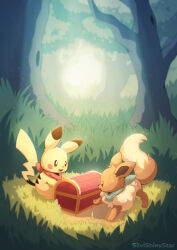 Rule 34 | artist name, bandana, brown eyes, creatures (company), day, eevee, forest, game freak, gen 1 pokemon, grass, highres, nature, nintendo, no humans, open mouth, outdoors, pikachu, pokemon, pokemon (creature), pokemon mystery dungeon, red bandana, silvishinystar, smile, standing, treasure chest, tree